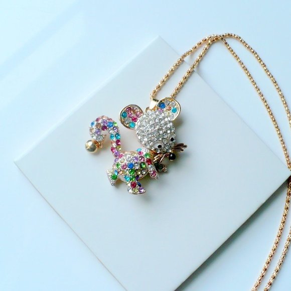 ❤️ NEW Multi-Color Rhinestone Mouse Pendant Necklace 24" Chain - Picture 6 of 8